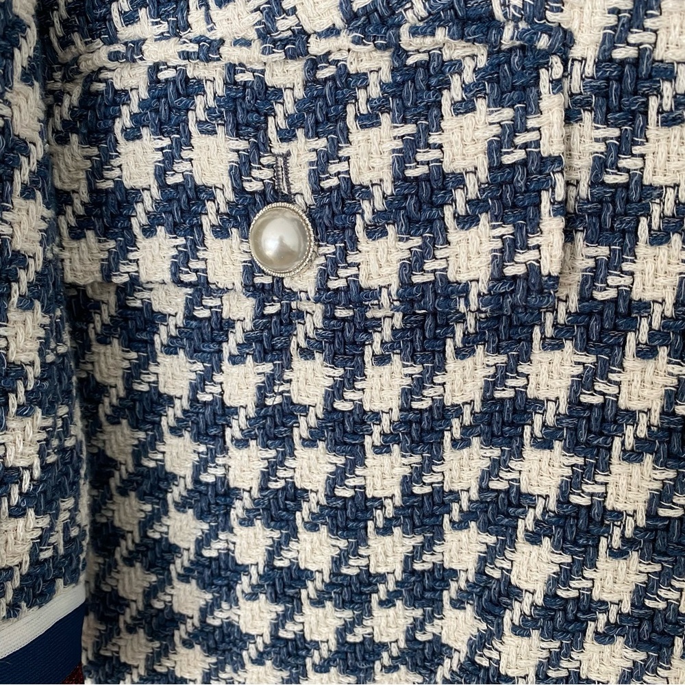 Marc Aurel Navy & Ivory Houndstooth Boucle Pearl Button Coat Size 46 (XL) - Picture 7 of 14